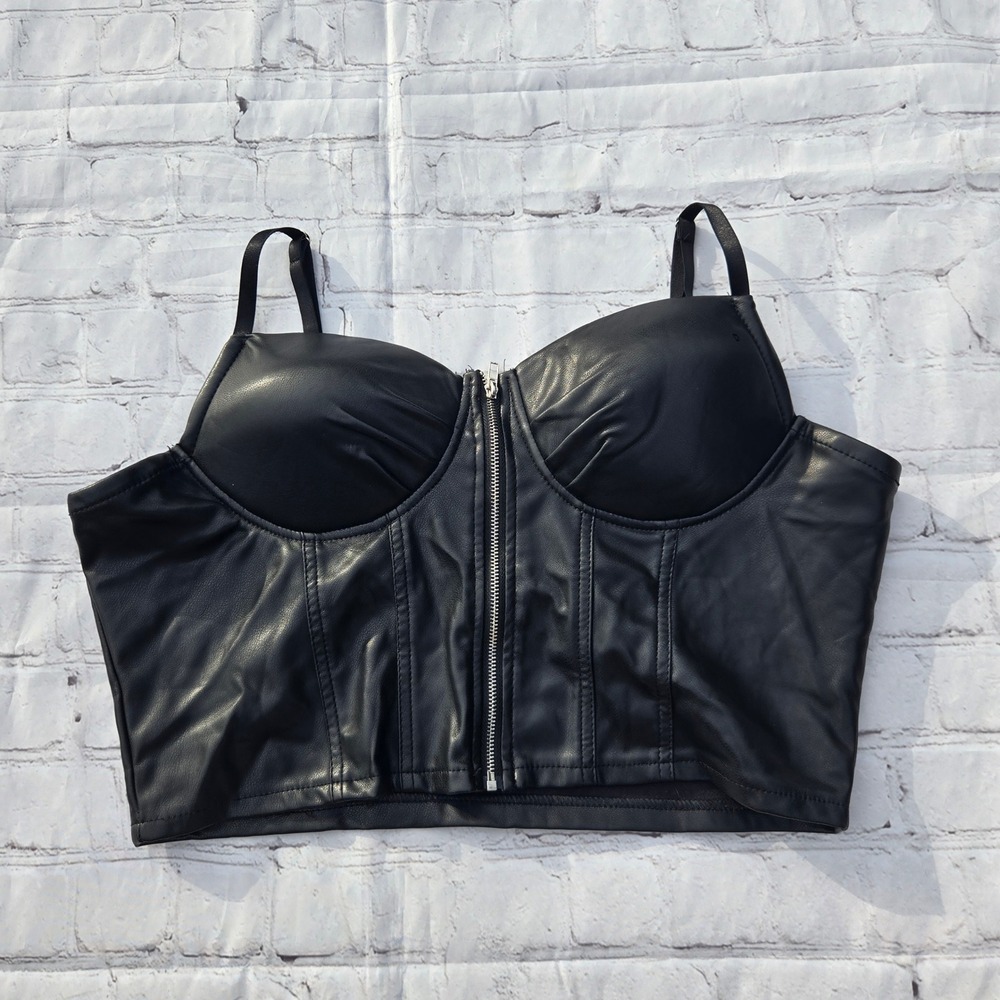 Haute Monde Black Faux Leather Zip Front Corset Bustier Crop Top XL